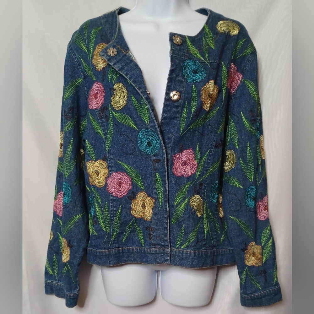 Acorn Women's Linen Blend Embroidered Round Neck Jacket. Size L